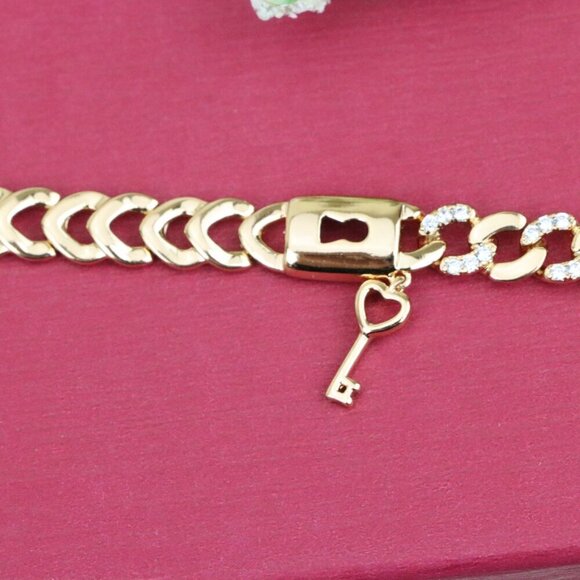 "Rose Gold Heart Lock Key Charm Bracelet with Sparkling Links, XPBL0914 - Picture 12 of 12